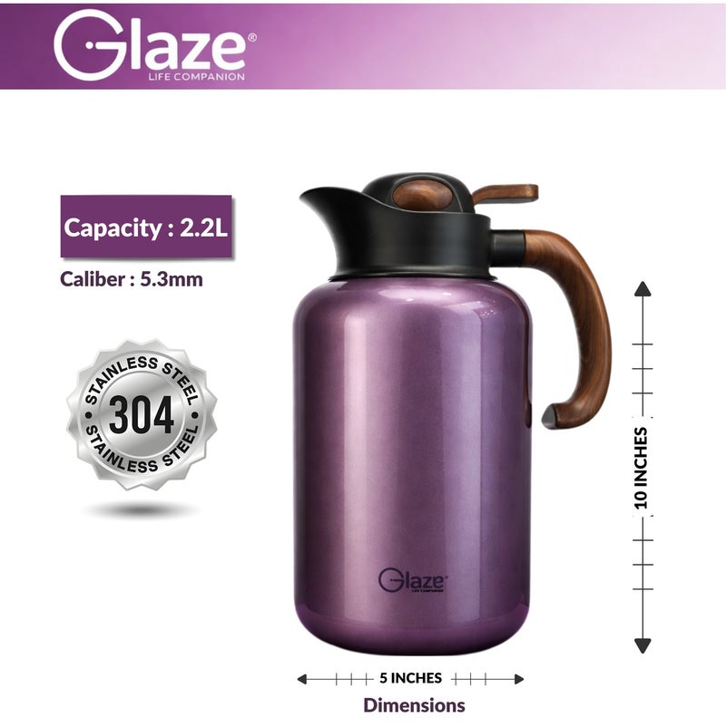 جليز إبريق حراري للقهوة والشاي بسعة 2.2 لتر، ترمس بعزل من الستانلس ستيل 304، يحافظ على المشروبات ساخنة وباردة لساعات، غطاء مانع للتسرب، تصميم أنيق بمقبض خشبي للاستخدام في المنزل، المجلس والضيافة – بنفسجي - Image 3